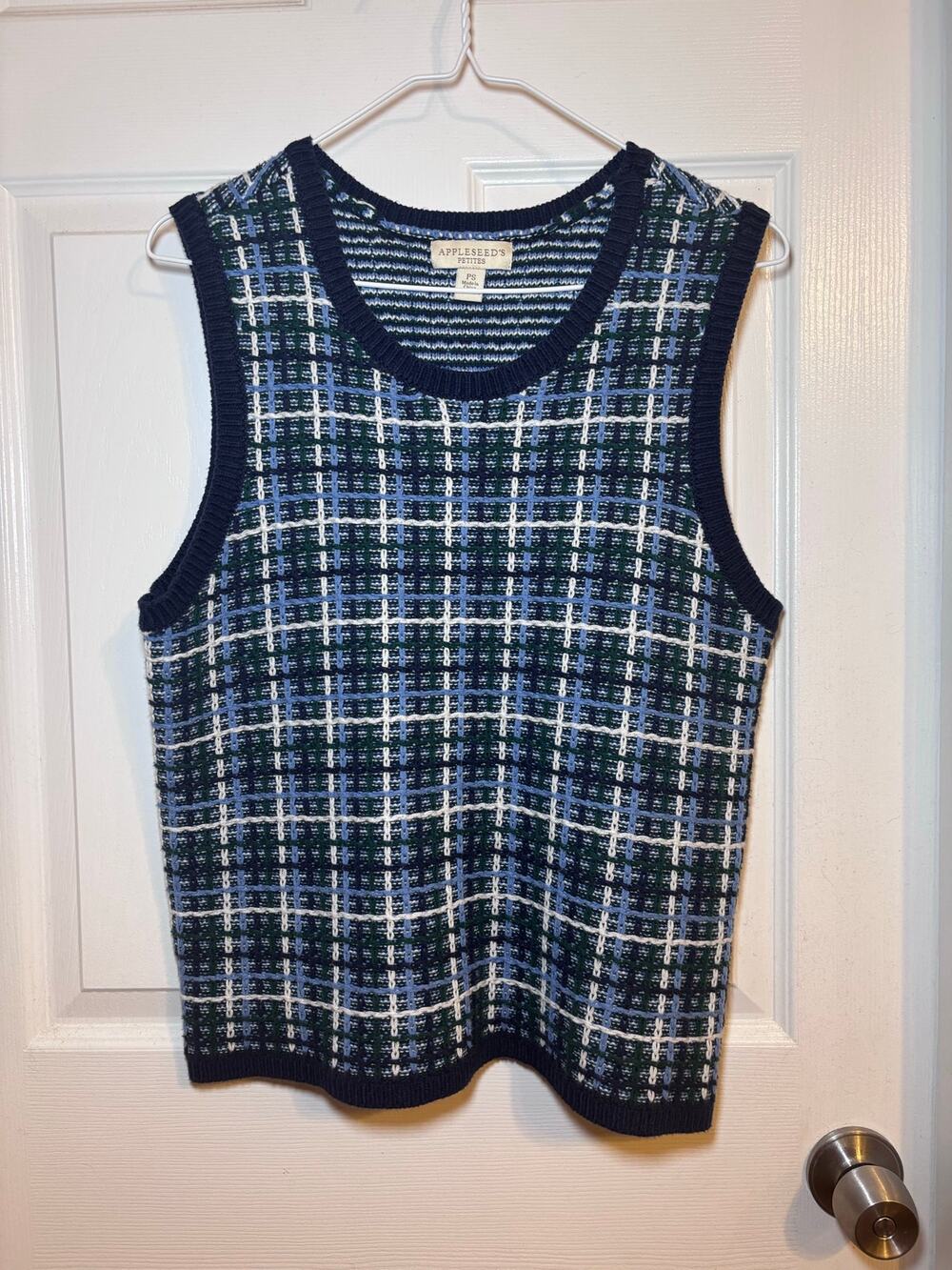Appleseed’s Petites PS Plaid Knit Sweater Vest Blue Green Cotton Blend